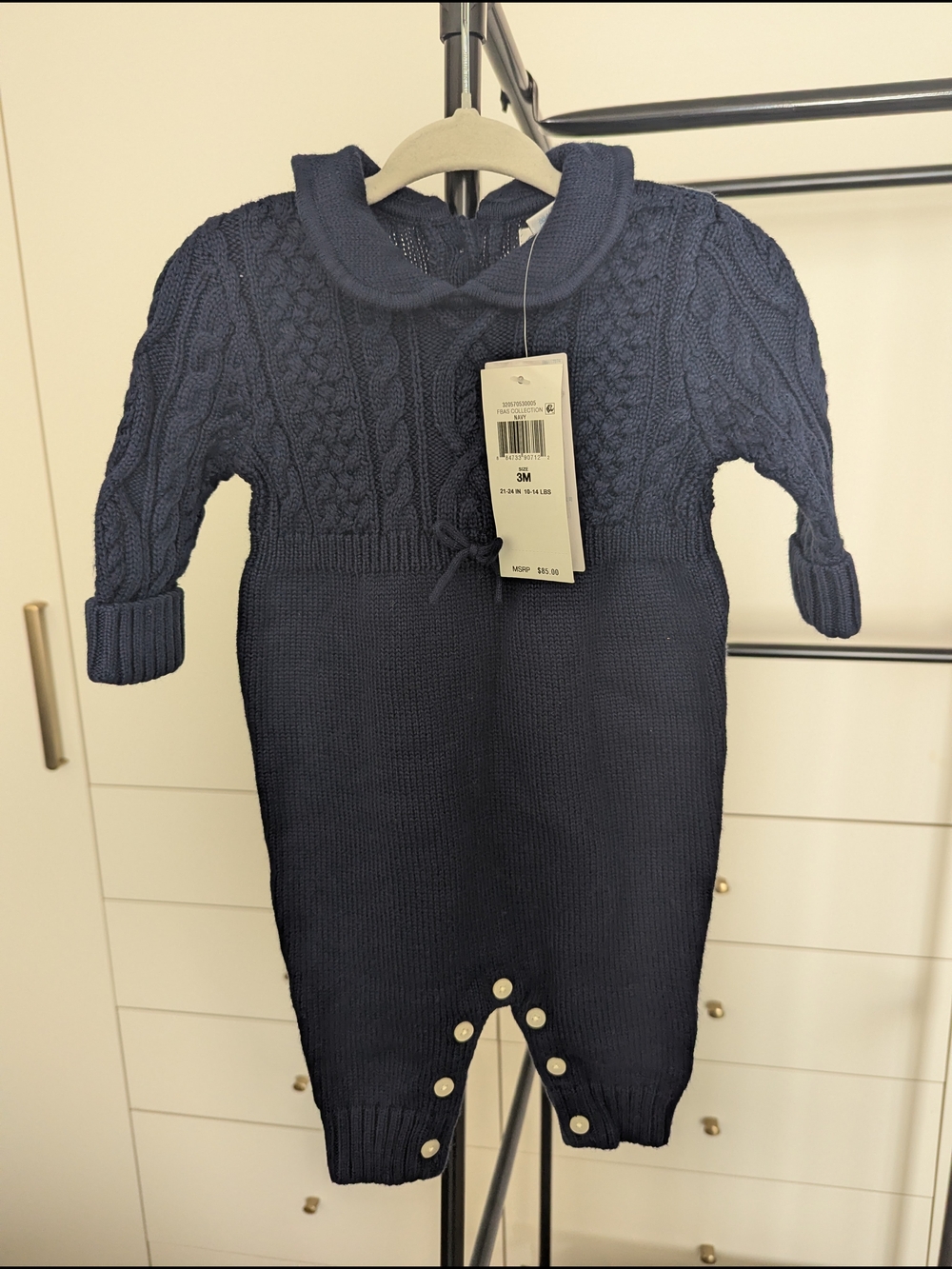 Ralph Lauren Navy Cable-Knit Baby Romper with Peter Pan Collar 100% Cotton